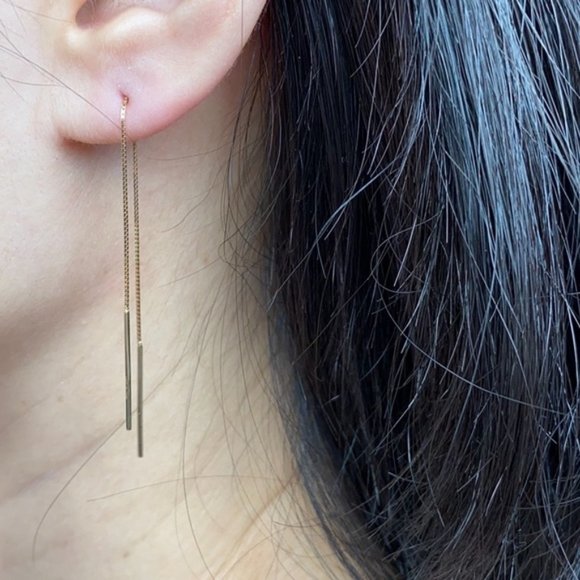 14K Solid Gold Bar Box Chain Threader Earrings - Picture 2 of 3